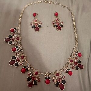 Gold-Tone Floral Necklace and Earringswith Red and Black Accents - Women Jewelry